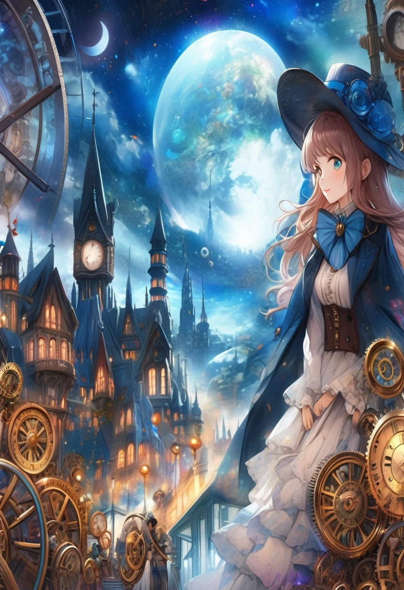 anime smiling girl in a hat and dress standing in front of a clock tower, anime fantasy artwork, anime fantasy illustration, mechanized witch girl, steampunk beautiful anime woman, detailed key anime art, beautiful fantasy anime, hd anime wallaper, dreampunk romanticism artwork, anime art wallpaper 4k, anime art wallpaper 4 k, intricate ornate anime cgi style, detailed steampunk illustration