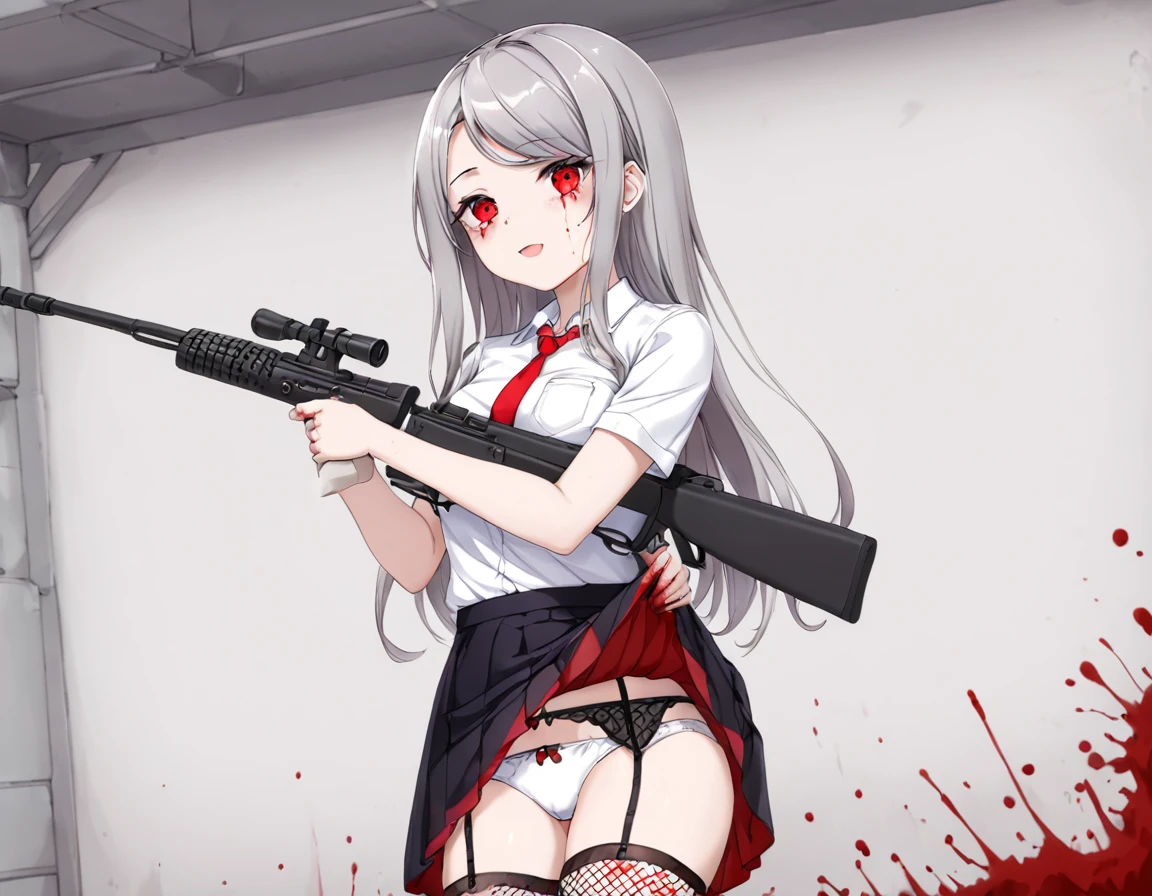 Large amount of fresh red blood、Girl Shooting Sniper Rifle、A girl covered in blood after being splashed with blood. She lifts her skirt with both hands.、Showing off cute white underwear.、Black garter belt、Black rough fishnet stockings、Plain white shirt with red tie、Standing posture、Bloody Abandoned Factory