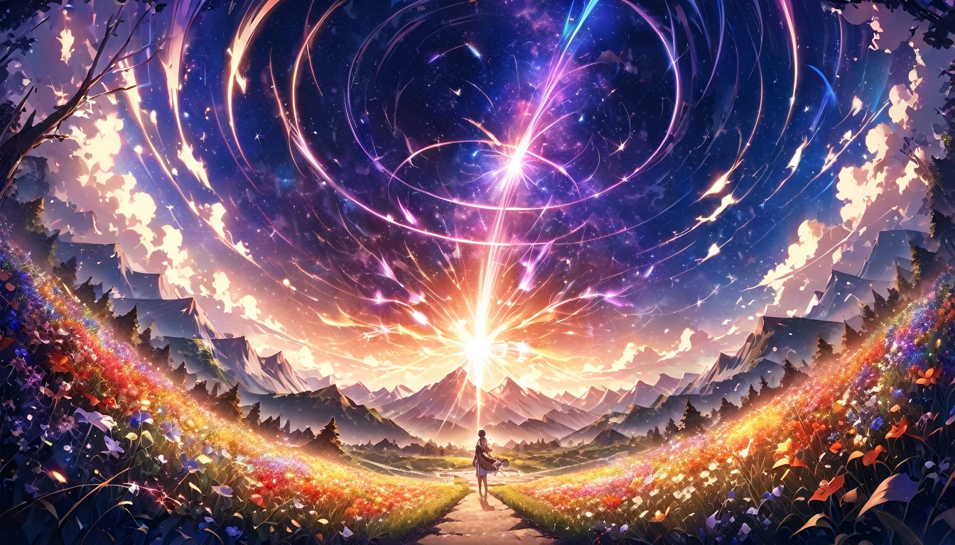 Vast landscape photography, (View from below。The sky and wilderness below。), Standing in a flower garden and looking up, (full moon: 1.2), (shooting star: 0.9), (nebula: 1.3), Distant Mountain, Treebreak Production Art, (Warm light source: 1.2), (fire Fly: 1.2), lamp, Purple and Orange, Exquisite detail, Volumetric lighting, Realism BREAK (masterpiece: 1.2) (Highest quality), 4K, Super detailed, (moving composition: 1.4), Extremely detailed and colorful, (Rainbow colors: 1.2), (Shining Lights, Atmospheric lighting), dream-like, Magic, (alone: 1.2)