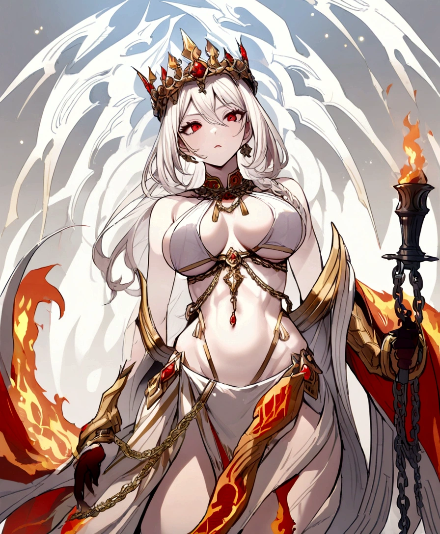 Chain bikini, chain crown, bare belly, big breasts, fire hair, red eyes, godness of fire, 