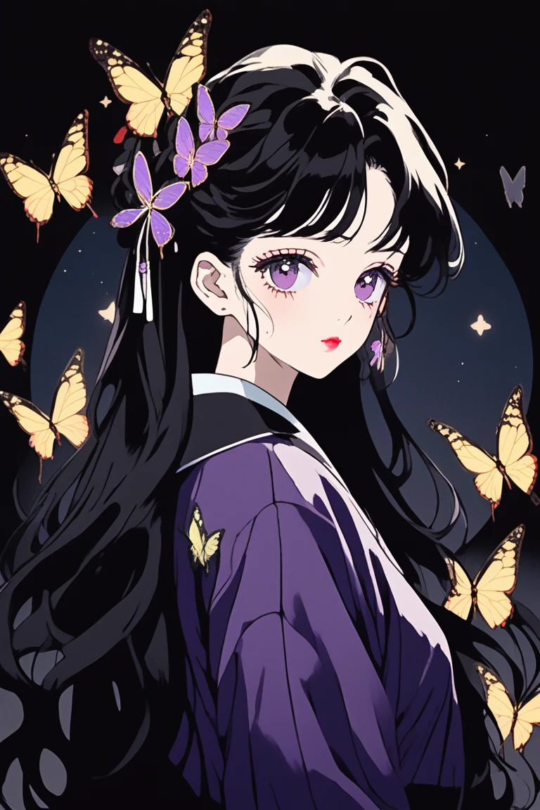 (Highest quality, sketch:1.2),Realistic,Illustrator,anime,1 Girl, Detailed lips,sweater,custom,,Neon Hair,Texture Cropping,masterpiece, Style: Retro Classic, Dark Black、Under the Moon、Black Hair、Beautiful butterfly、虹色のButterfly Hair Ornament、、Fair skin,一つ結びでSide Tail、Butterfly Hair Ornament、school uniform、beautiful girl、Real、cute、Purple Eyes、Side Tail