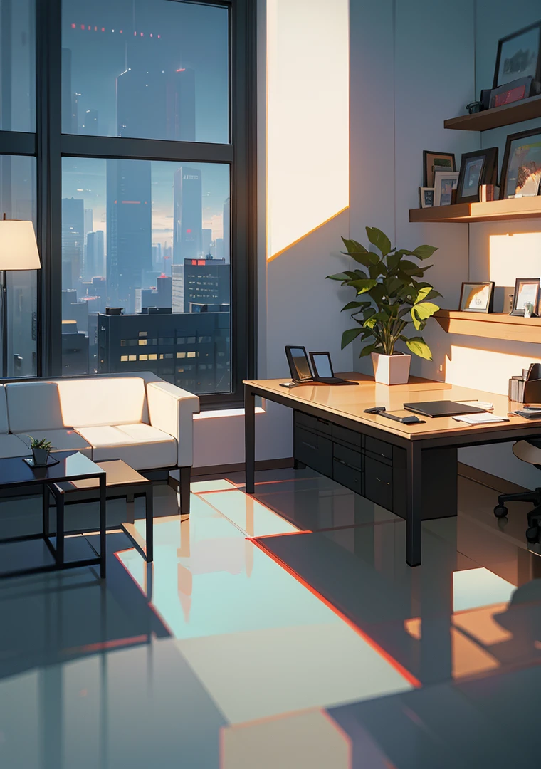 office, The office of the future, futuristic design, large desk, wall with paintings and diplomas, Glossy floor, hlLarge spacious windows, outside the window you can see a futuristic city with multi-story office buildings, starships fly, 16 thousand. ue5. Ultra slim, 8 k, HDR, product photography, depth of field, Nikon D850, Ultra realistic, no contrast, pure sharp focus, professional, There is no blur, Bright office, Light shades, view from the floor, even more modern, office from the future, luxurious executive office