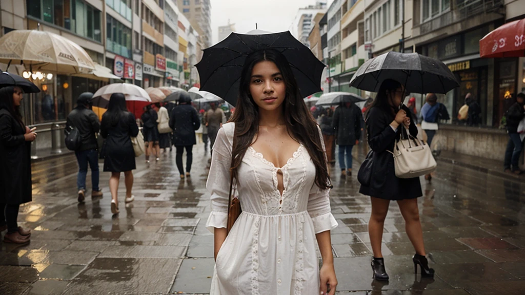 A natural shot of a Colombian girl with long hair, wearing a fashionable dress, standing against the backdrop of blurred city buildings and people under an umbrella during the rain, which gives the photo an atmosphere of urban charm and romance.
