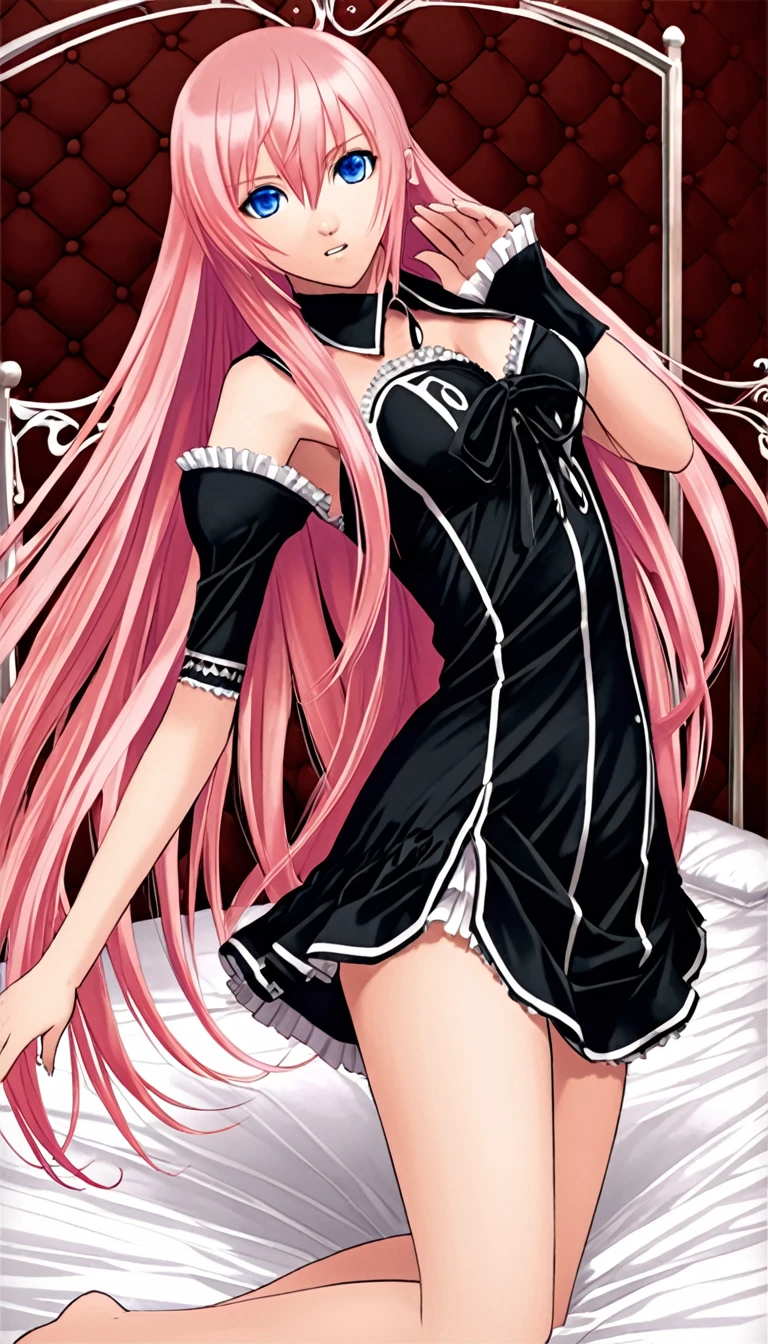 {{{Beautiful adult woman}}},{{Vocaloid Megurine Luka}},Pink long hair,Blue Eyes,Big Breasts,,{{{lure}}},{Dynamic Pose},bed, 