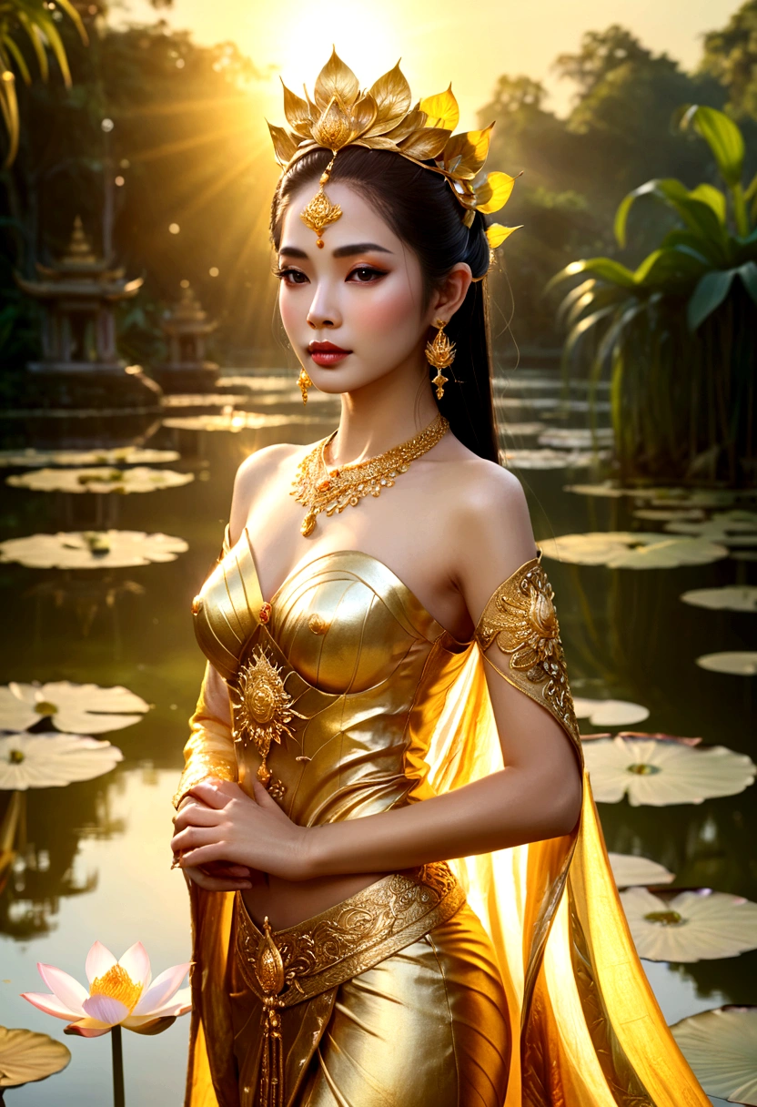 A woman in gold stood in front of a pond., a beautiful fantasy empress, gilded lotus princess, ((a beautiful fantasy empress)), Thai art, beautiful goddess, beautiful digital artwork, As the sun goddess,, Sun Goddess, a stunning portrait of a goddess, very beautiful fantasy art, beautiful fantasy art, extremely detailed goddess shot