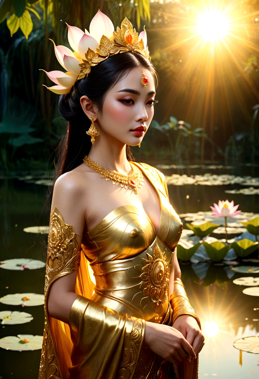 A woman in gold stood in front of a pond., a beautiful fantasy empress, gilded lotus princess, ((a beautiful fantasy empress)), Thai art, beautiful goddess, beautiful digital artwork, As the sun goddess,, Sun Goddess, a stunning portrait of a goddess, very beautiful fantasy art, beautiful fantasy art, extremely detailed goddess shot