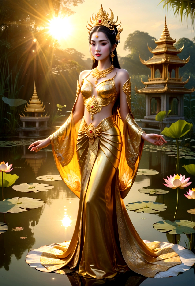 A woman in gold stood in front of a pond., a beautiful fantasy empress, gilded lotus princess, ((a beautiful fantasy empress)), Thai art, beautiful goddess, beautiful digital artwork, As the sun goddess,, Sun Goddess, a stunning portrait of a goddess, very beautiful fantasy art, beautiful fantasy art, extremely detailed goddess shot