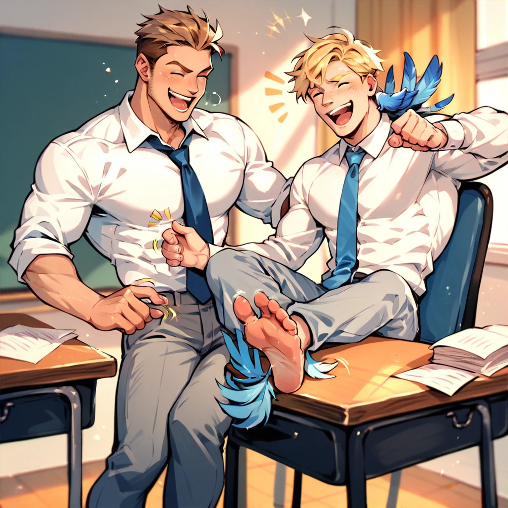 2 men, blonde, brown haired, handsome skinny men wearing white shirts and blue ties and grey pants laughing, sitting on chairs and feet on desk, feet tickling by feathers, toes tickled by feathers 