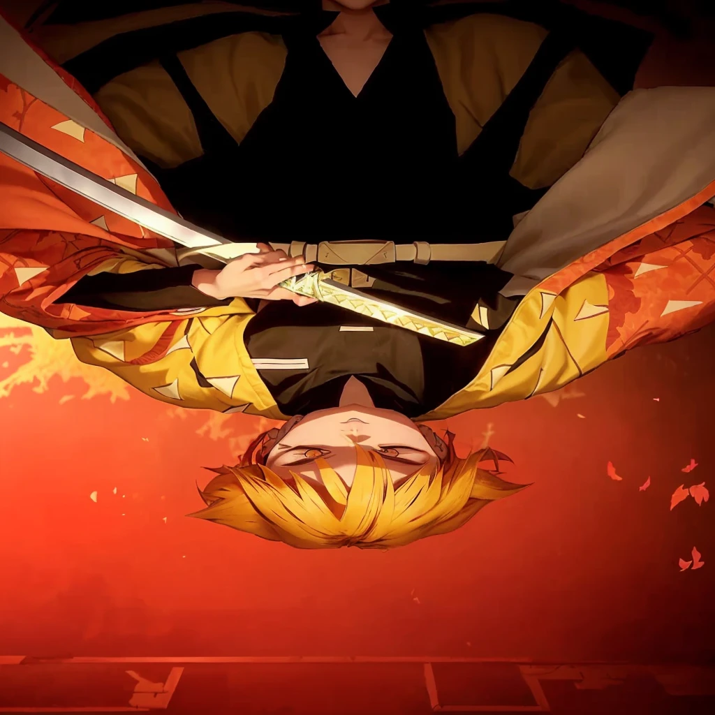 anime character holding a sword, demon slayer realistic character, anime character holding a sword falling , falling into a void composed of shoji castle loop doors, he is very focused, with half-closed eyes, devoid of emotions, wearing a yellow cloak with small white triangular parts. demon slayer artstyle, key anime art, handsome guy in demon slayer art, demon slayer kimetsu no yaiba,