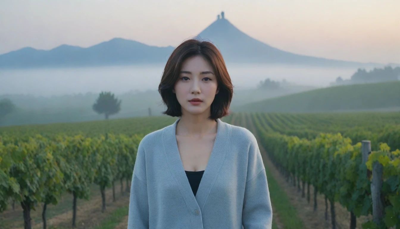 8k best picture quality, Beautiful 36-year-old Korean woman, short and nice weather. Chest size 34 inches, Dense fog at dawn in the Italian countryside, past the vineyard, The cathedral is visible in the fog in the distance.., The back background is realistic and vivid quality., Short and medium hair blowing in the wind, Wear comfortable travel clothes, Casual pants and cardigans., a faint smile. the background is clear, Short and slim Korean woman, stand far away, Photo taken with a wide-angle lens