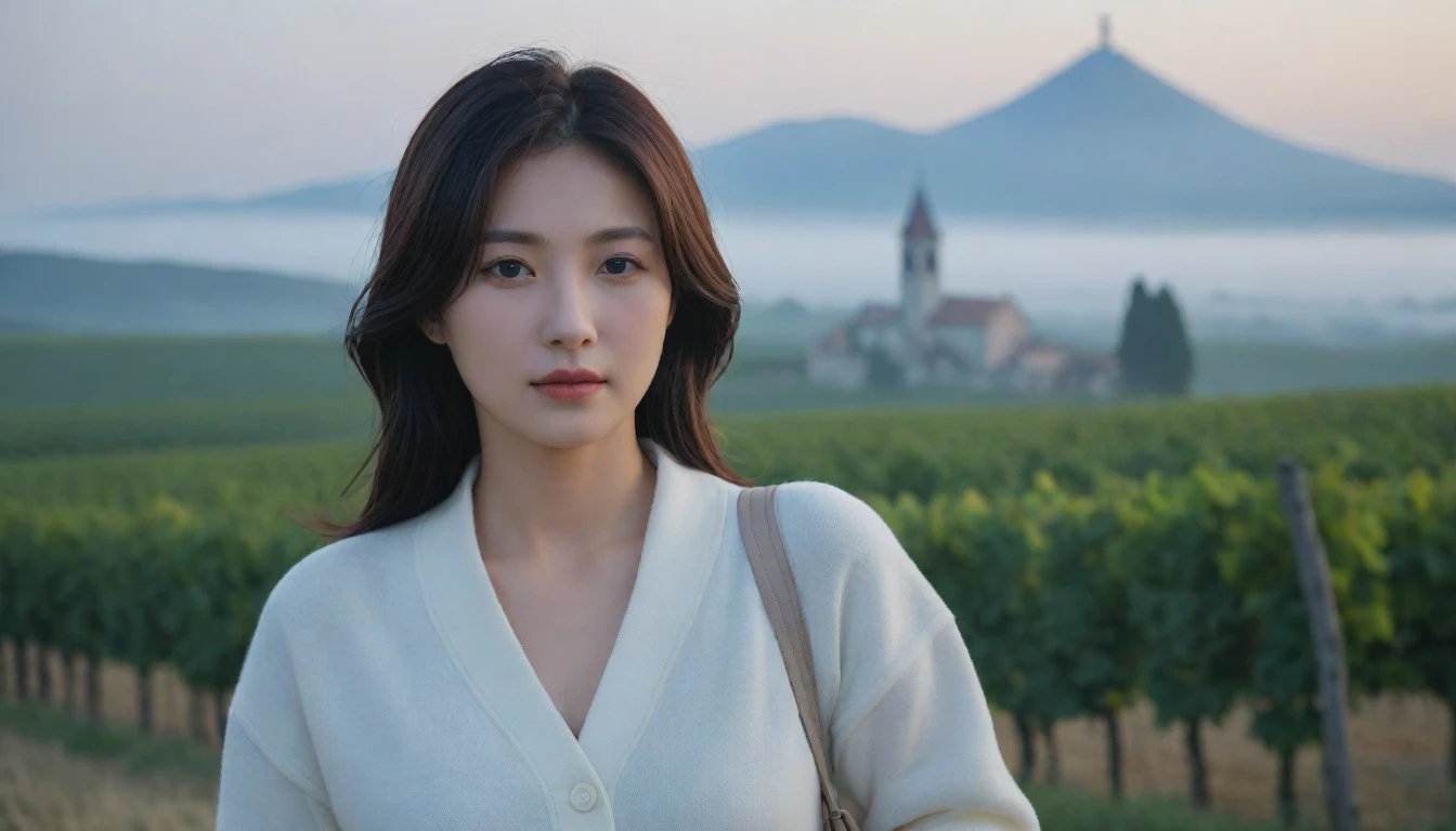 8k best picture quality, Beautiful 36-year-old Korean woman, short and nice weather. Chest size 34 inches, Dense fog at dawn in the Italian countryside, past the vineyard, The cathedral is visible in the fog in the distance.., The back background is realistic and vivid quality., Short and medium hair blowing in the wind, Wear comfortable travel clothes, Casual pants and cardigans., a faint smile. the background is clear, Short and slim Korean woman, stand far away, Photo taken with a wide-angle lens