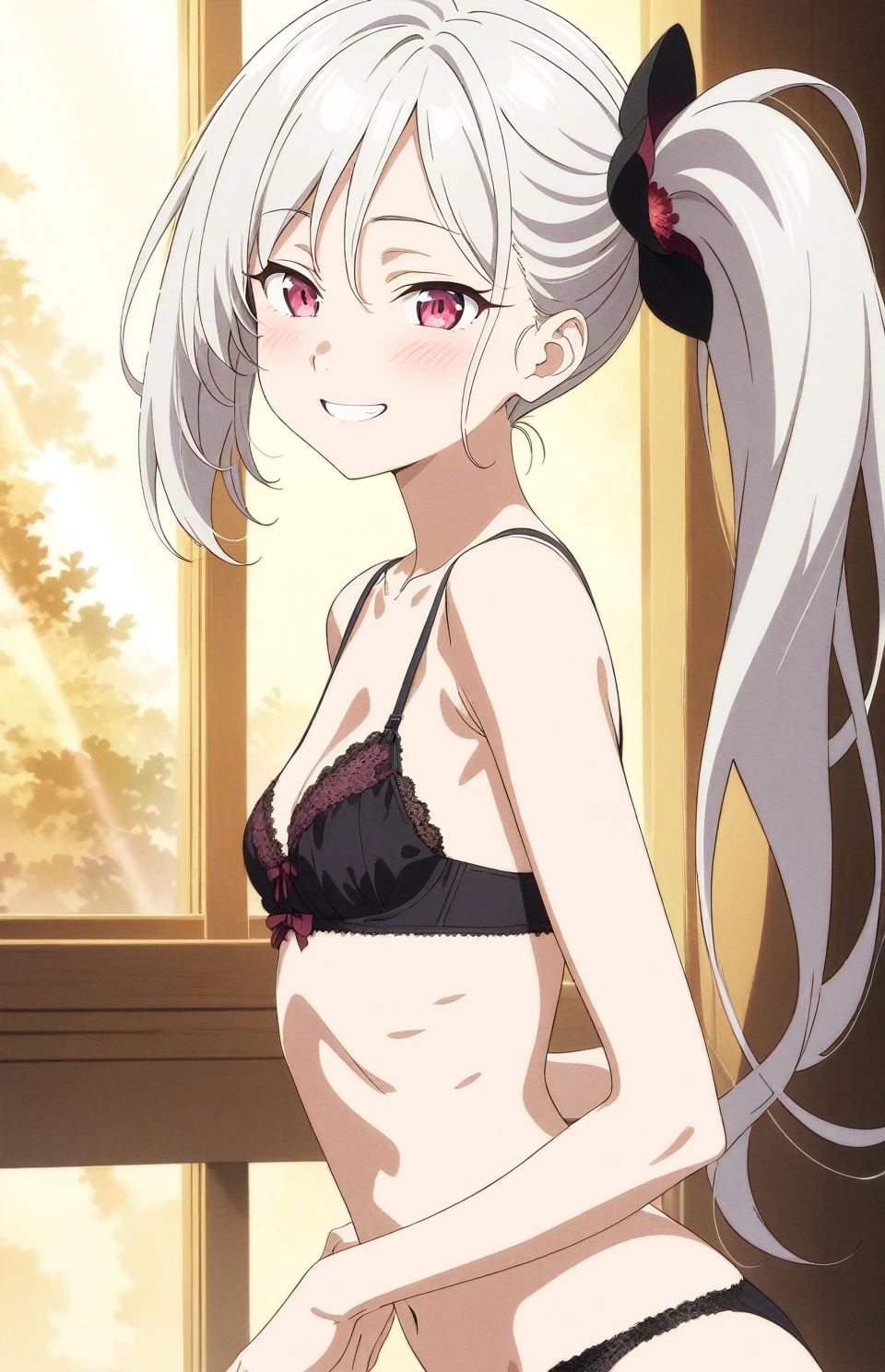 best quality, amazing quality, very aesthetic, absurdres, (1girl, mutsuki, blue archive, solo, red eyes, white hair, side ponytail), (realistic face:0.9),(lace-trimmed bra:1.8),dress lift, (grin, blush, thigh:1.3), (cowboy shot), (glistening eyes), (half closed eyes:0.9), (from side:2), (official art:1.3), (panties around one leg), expressive eyes, perfect face, 4k, extremely detailed anime illustration, extremely detailed eyes, perfect anatomy, light rays, extremely delicate body, smooth skin, (anime background:1.5), clear eyes, beautiful face, small breasts,(anime style:1.7), (Warm Light:1.5), (highres:2),
