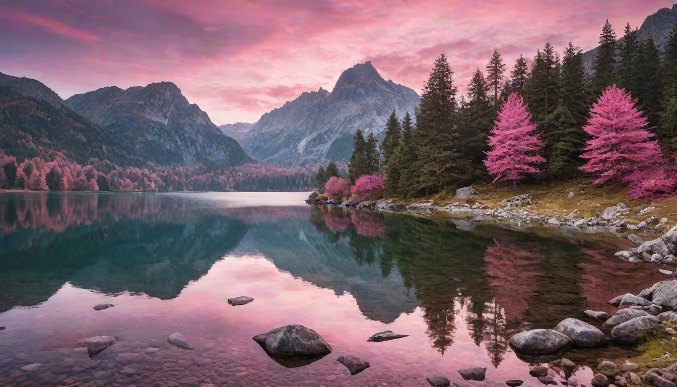 there is a lake with rocks and trees in the middle of it, a matte painting by Sebastian Spreng, shutterstock contest winner, romanticism, mystical setting, an amazing landscape image, magical landscape, mystical lake, in a serene landscape, epic beautiful landscape, mountain, serene landscape, pink reflections, panorama, mystical lake view vista, lakeside mountains