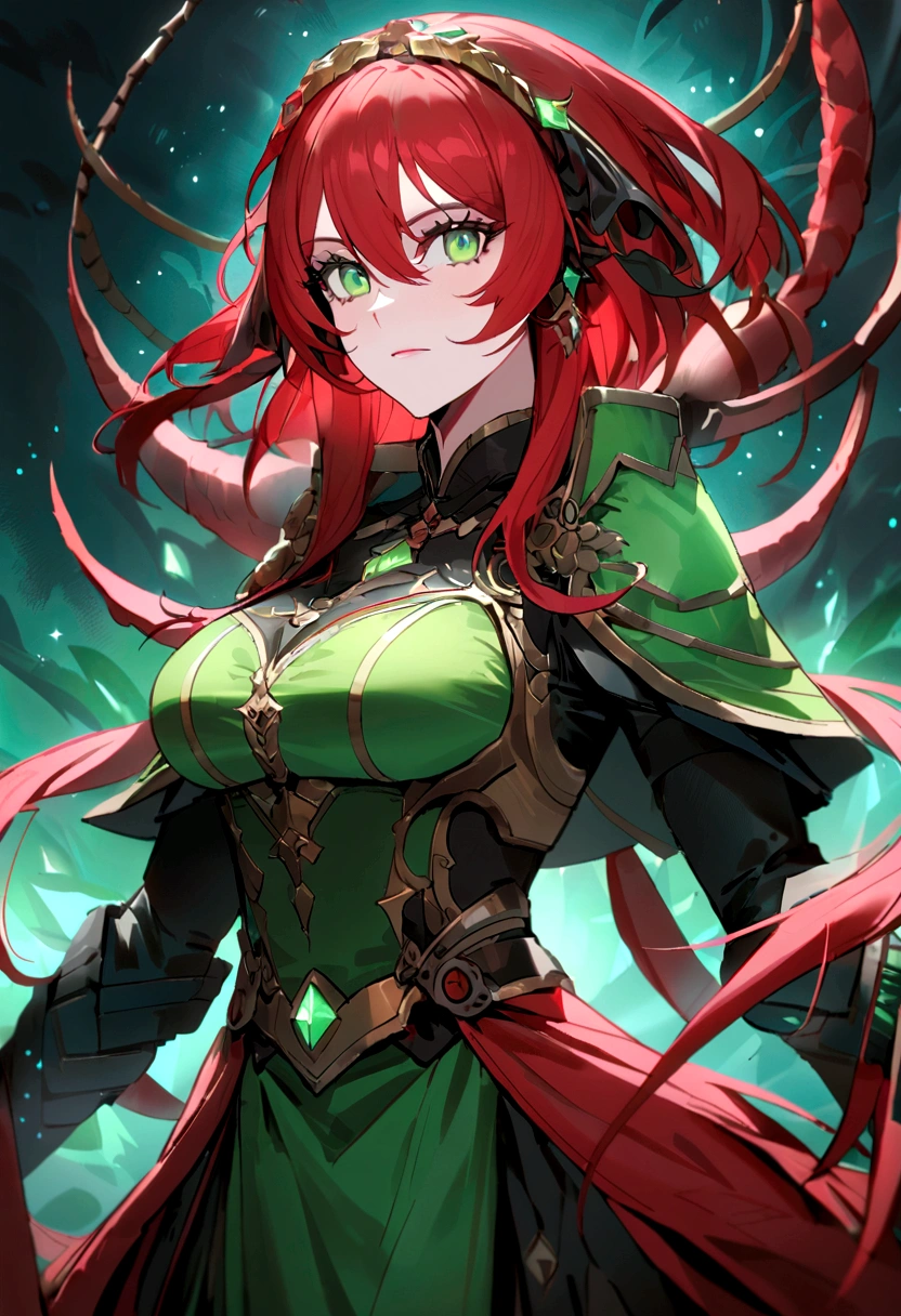 (Huang Li、high quality、Extremely detailed),Constellation - Scorpio Goddess,Huge scorpion,Woman stroking a scorpion,Similar to Latin goodness,brave,capricious,Productivity,The face of enterprising and humanitarianism,Red hair,Ancient Greek costumes、Wrap Dress,The background is the universe,Crystal green eyes(Eyes Details),Powerful appearance