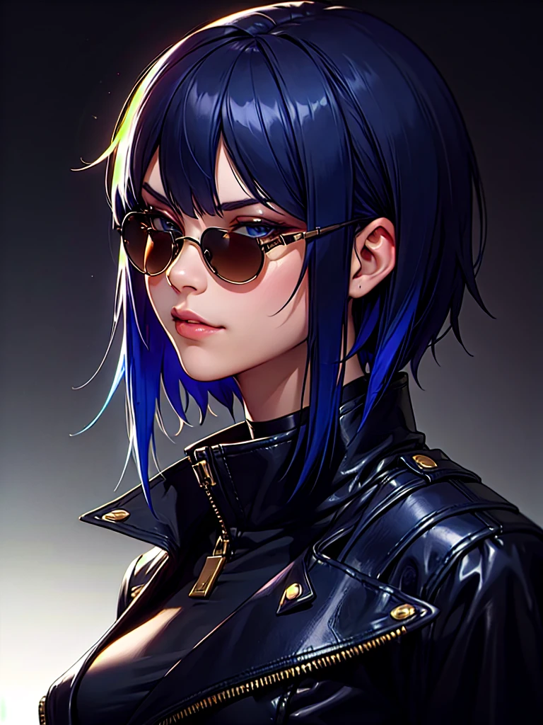 ((Portrait)), She has a Ruthless, Dark Blue Haired Appearance, with Sunglasses and a Slightly Muscular Build. She Expresses a Proud and Smug Look, Giving Off a Self-Confident Attitude. Her Hair is Short and Tousled, Dark Blue Gradient, with Strands Falling Around Her Face. She Wears an Oversized, Open Black Leather Coat, with a High-Neck Crop Top, Revealing Her Midriff. ((Portrait, HDR, Dark Background))