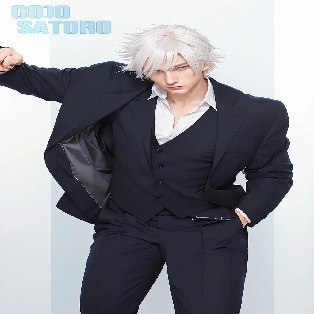 anime character dressed in a suit and tie with a white hair, tall anime guy with blue eyes, handsome anime pose, anime handsome man, male anime character, gojou, as an anime character, in a black suit, in a suit, anime character, white haired, in a strict suit, gojou satoru