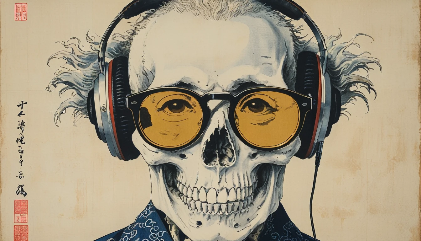 (((Katsushika Hokusai))), ((The left half of the face is a skeleton)), Light colored sunglasses, Japanese pattern headphones, straighthair, Horror elements