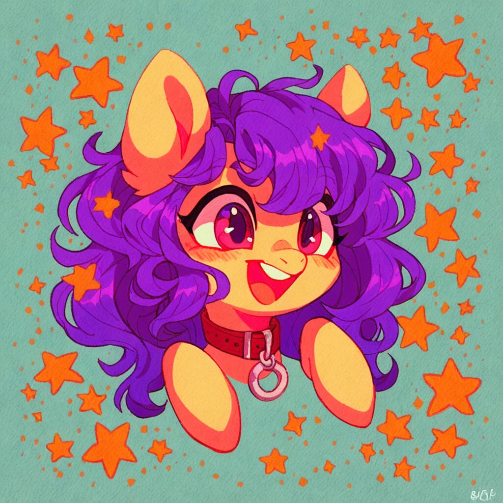 score_9, score_8_up, score_7_up, score_6_up, cute pony portrait, simple background, full body,fur white,eyes blue,hair dark purple long wavy,face happy,collar red