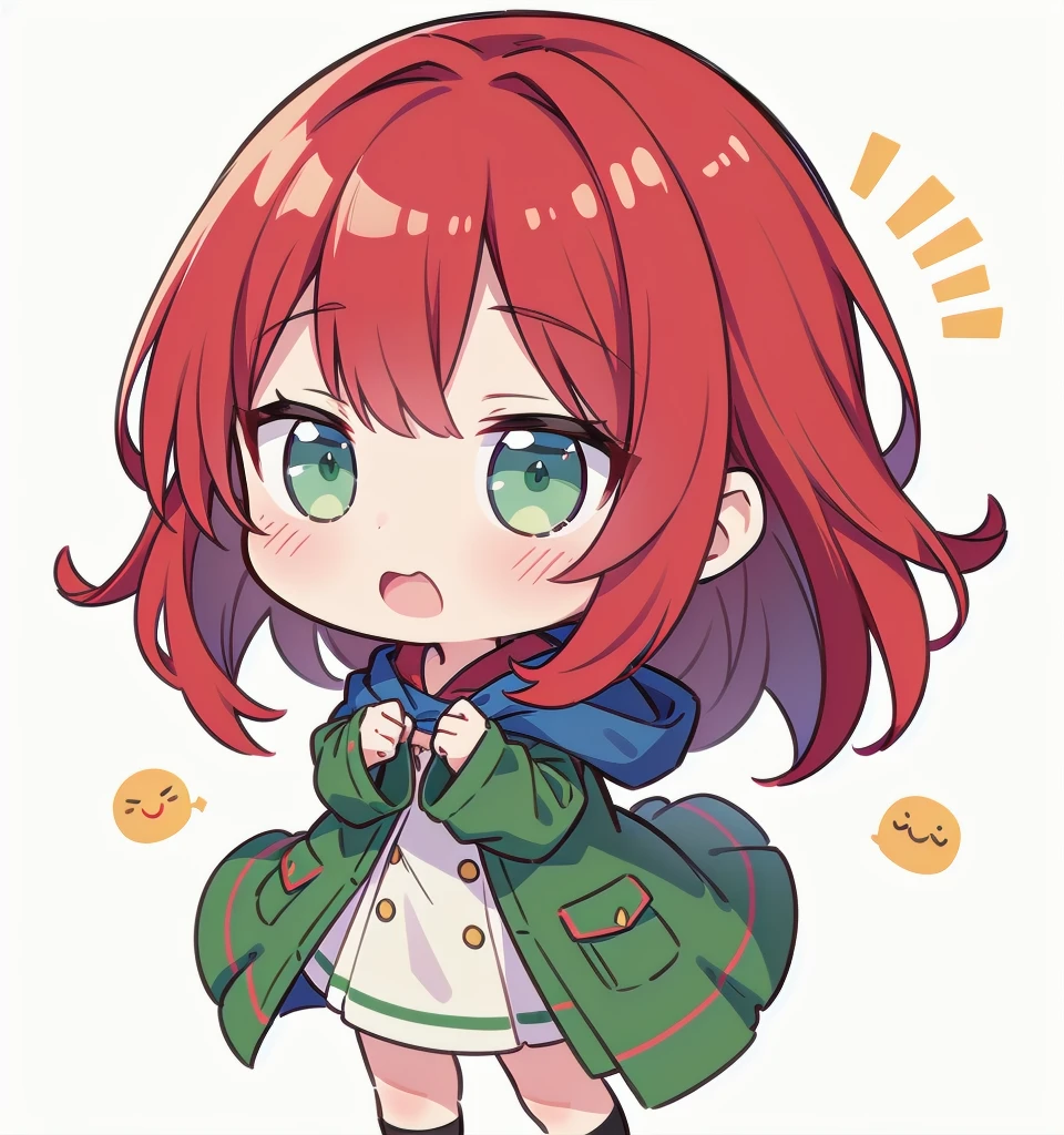 超A high resolution,(best quality,highres,masterpiece:1.2),1girl, red hair, blue cloak, green clothe, green eyes, warm color tones, Chibi, simple background, emoji, surprised, exclamation