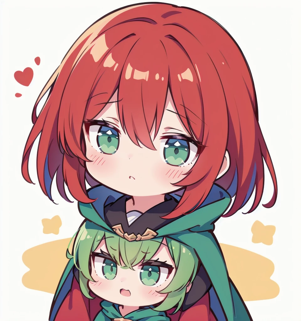 超A high resolution,(best quality,highres,masterpiece:1.2),1girl, red hair, blue cloak, green clothe, green eyes, warm color tones, Chibi, simple background, emoji, surprised, exclamation