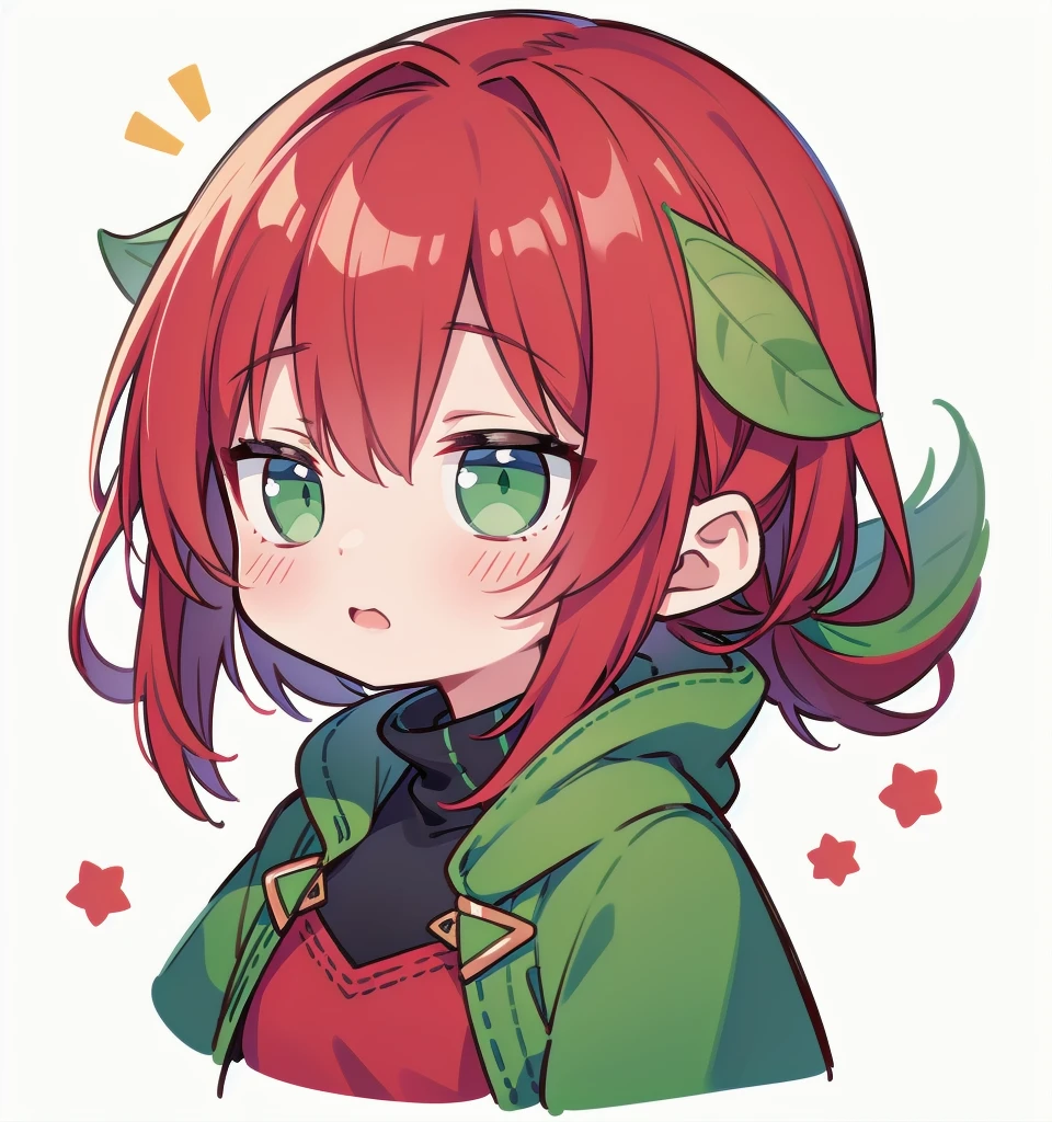超A high resolution,(best quality,highres,masterpiece:1.2),1girl, red hair, blue cloak, green clothe, green eyes, warm color tones, Chibi, simple background, emoji, surprised, exclamation