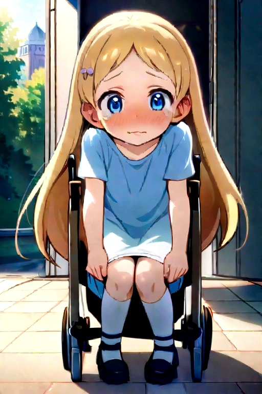 Anime. 1 girl. . . Baby. Princess. Blonde. Long hair. Blue eyes. Beautiful eyes. Perfect eyes. Expressive eyes. Eyes covered with a faded film. Blind eyes. Blind. Ideal face. Ideal anatomical body. Beautiful long legs. Beautiful body. Beautiful nose. 12 years old. Embarrassment. Blush. Beautiful character design. Shiny skin. Light white dress. Shoes. Hair decorations. Disabled person. Paralytic. Sitting. Wheelchair. Hands on crotch. Urinary incontinence. Wants to pee. She needs to pee. She has a strong, desperate urge to pee. He squeezes his crotch tightly. Rubs copper. Slight lean forward. She peed herself. Fantasy city. A park. Date. At the entrance to a public toilet. He takes off his wet panties. Tears in my eyes. Cry. Snot flows from the nose. Full body. nsfw. Official art. Extremely detailed CG Unity 8k wallpaper. Ideal lighting. Ultra high resolution 4K. Super detailed 8K. A high resolution.