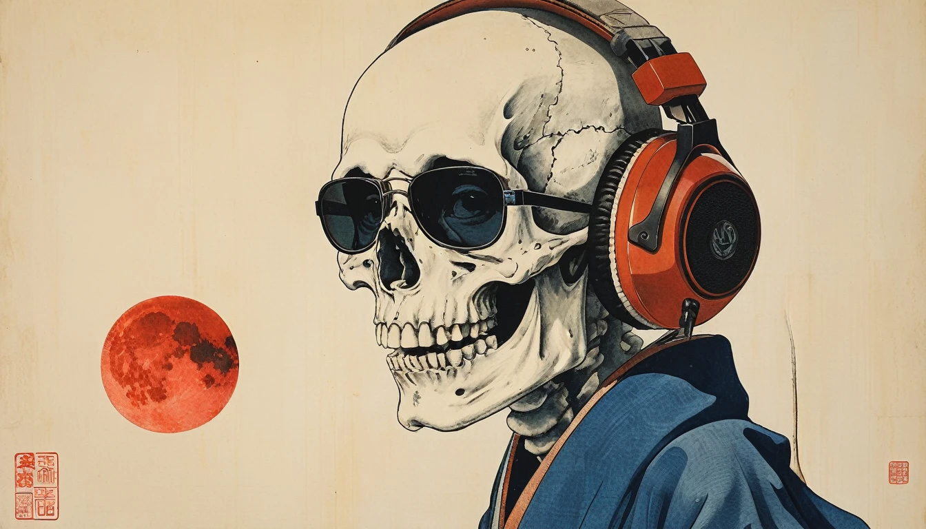 (((Katsushika Hokusai))), ((The left half of the face is a skeleton)), Light colored sunglasses, Japanese pattern headphones, straighthair, Horror elements