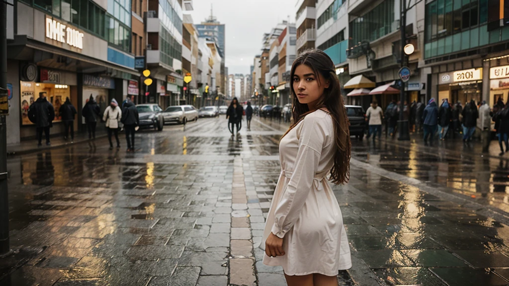 A natural shot of a Colombian girl with long hair, in a fashionable dress, standing against the backdrop of blurred outlines of city buildings and people during the rain, which gives the photo an atmosphere of urban charm and romance.