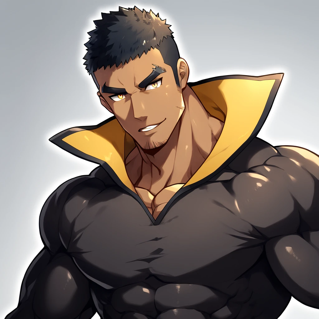 anime characters:Gyee, Muscle Sports Student, negro black skin, 1 dark skin muscular tough guy, Manliness, male focus, Light yellow high collar long sleeve tight T-shirt, Slightly transparent material, Very tight, Round, full and perky chest muscles, Slightly transparent, muscular male, muscular, only, Upper body, alone, Black short hair, Thick eyebrows, stubble, Yellow eyes, Grey background, simple background, amazing quality, best aesthetics, Ridiculous, bright pupils, crew cut, parted lips, seductive smile, torogao, naughty face, drop shadow, best quality