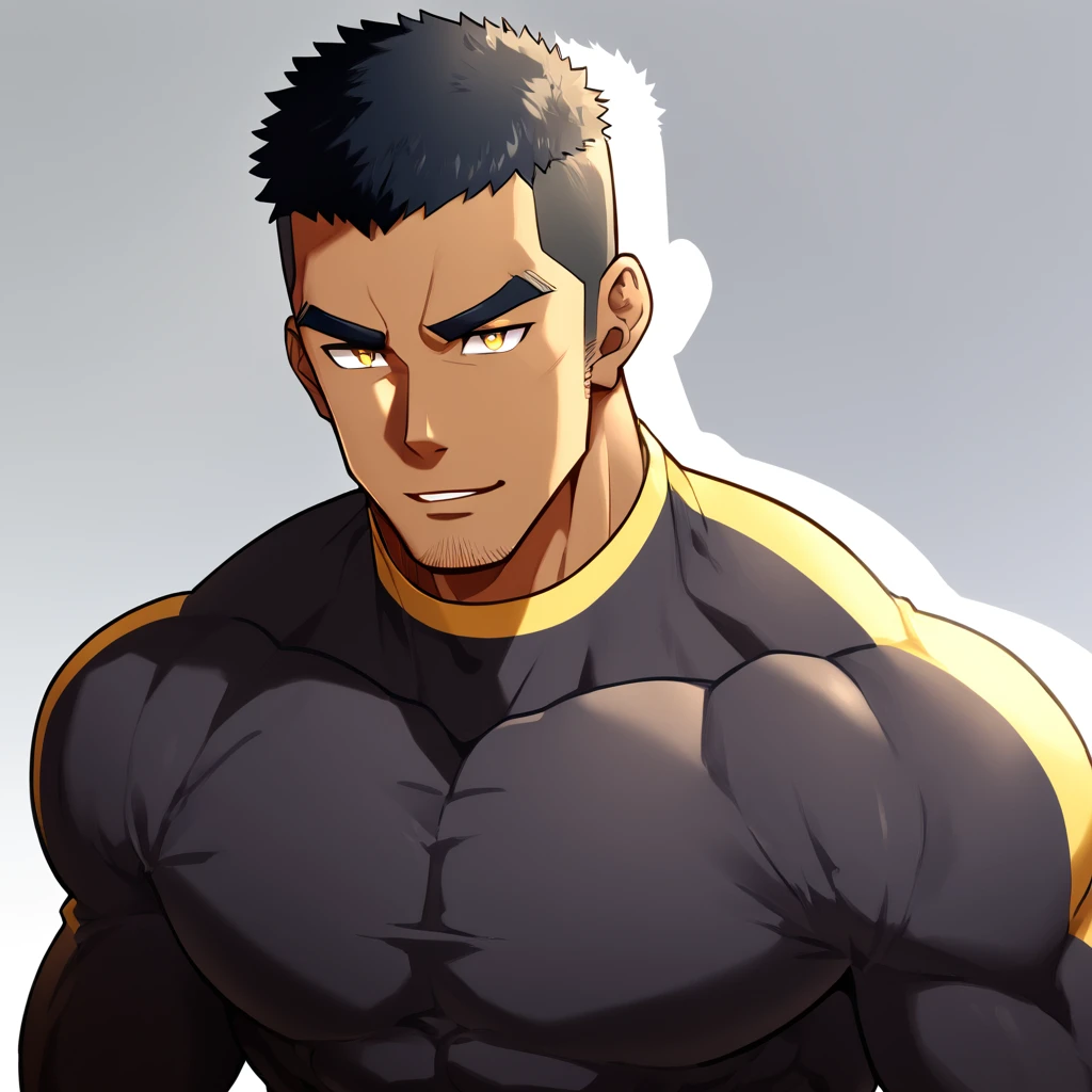 anime characters：Gyee, Muscle Sports Student, negro black skin, 1 dark skin muscular tough guy, Manliness, male focus, Light yellow high collar long sleeve tight T-shirt, Slightly transparent material, Very tight, Round, full and perky chest muscles, Slightly transparent, muscular male, muscular, only, Upper body, alone, Black short hair, Thick eyebrows, stubble, Yellow eyes, Grey background, simple background, amazing quality, best aesthetics, Ridiculous, bright pupils, crew cut, parted lips, seductive smile, torogao, naughty face, drop shadow, best quality