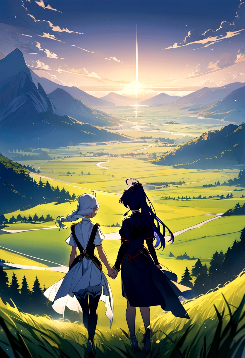 Two girls, Together Kiana Kaslana and Raiden Mei, hold hands, magnificent landscape