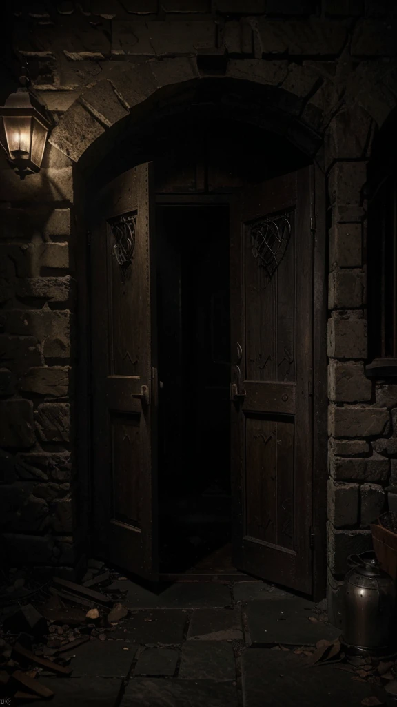 a vintage cellar entrance, ominous and gloomy atmosphere, cobwebs, old wooden door, stone walls, dim lighting, dusty, abandoned, mysterious, eerie, moody, cinematic, dramatic shadows, chiaroscuro lighting, (best quality,4k,8k,highres,masterpiece:1.2),ultra-detailed,(realistic,photorealistic,photo-realistic:1.37)
