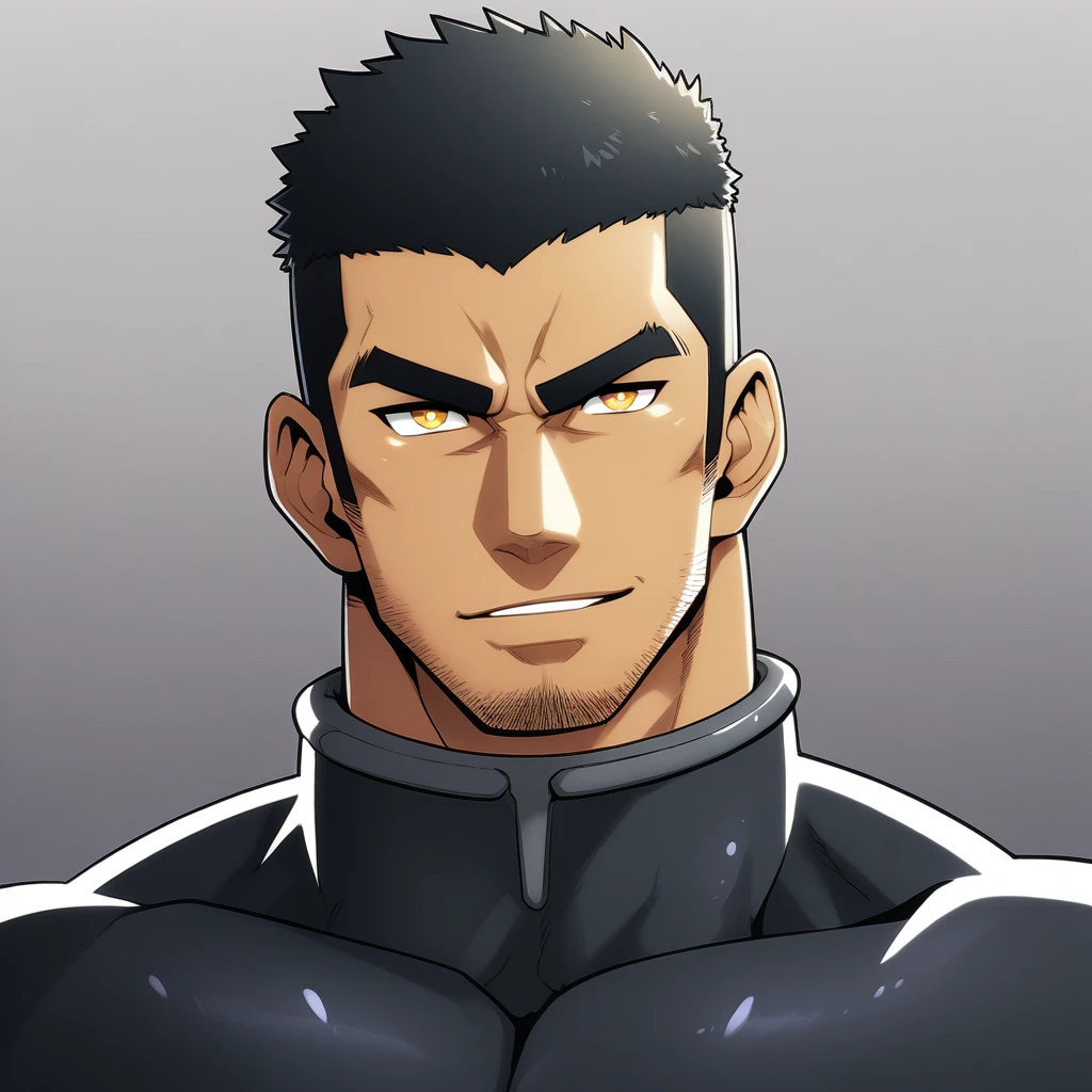 anime characters：Gyee, Muscle Sports Student, negro black skin, 1 dark skin muscular tough guy, Manliness, male focus, Dark grey high collar long sleeve wetsuit, Matte texture, Very tight, Round, full and perky chest muscles, Slightly transparent, muscular male, muscular, only, Upper body, alone, Black short hair, Thick eyebrows, stubble, Yellow eyes, Grey background, simple background, amazing quality, best aesthetics, Ridiculous, bright pupils, crew cut, parted lips, seductive smile, torogao, naughty face,  best quality