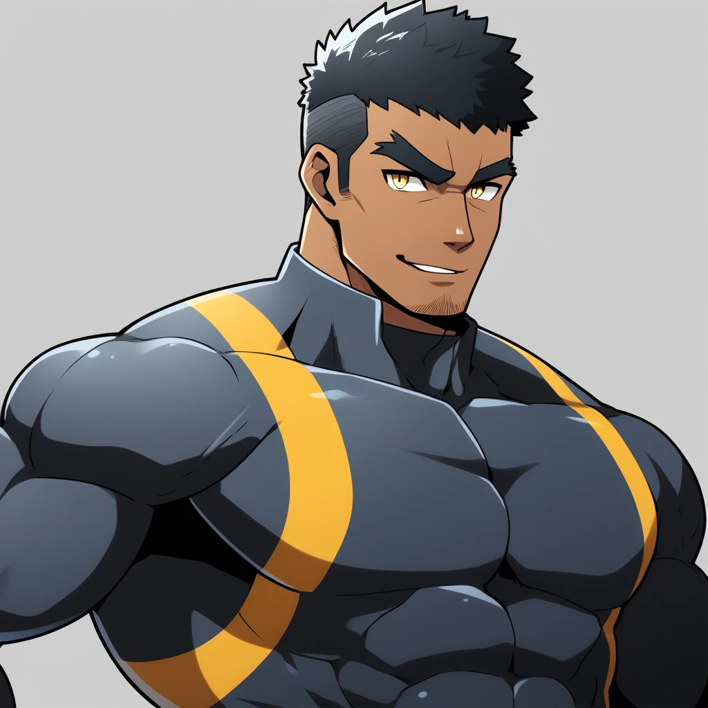 anime characters:Gyee, Muscle Sports Student, negro black skin, 1 dark skin muscular tough guy, Manliness, male focus, Dark grey high collar long sleeve wetsuit, Matte texture, Very tight, Round, full and perky chest muscles, Slightly transparent, muscular male, muscular, only, Upper body, alone, Black short hair, Thick eyebrows, stubble, Yellow eyes, Grey background, simple background, amazing quality, best aesthetics, Ridiculous, bright pupils, crew cut, parted lips, seductive smile, torogao, naughty face, best quality
