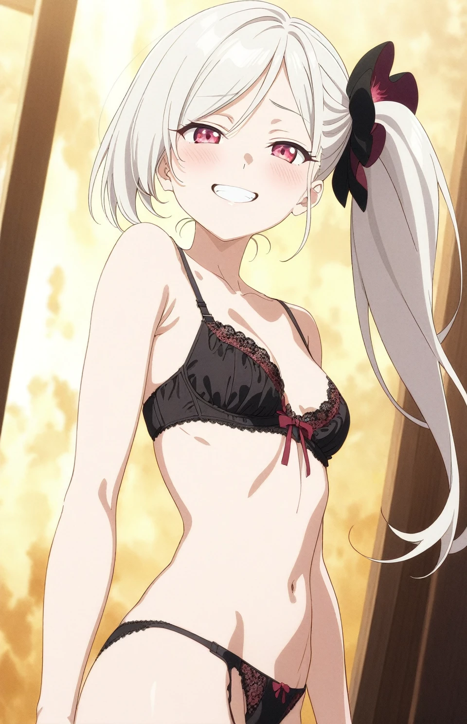 best quality, amazing quality, very aesthetic, absurdres, (1girl, mutsuki, blue archive, solo, red eyes, white hair, side ponytail), (realistic face:0.9),(lace-trimmed bra:1.8),dress lift, (grin, blush, thigh:1.3), (cowboy shot), (glistening eyes), (half closed eyes:0.9), (from side:2), (official art:1.3), (panties around one leg), expressive eyes, perfect face, extremely detailed eyes, perfect anatomy, light rays, smooth skin, (anime background:1.5), clear eyes, beautiful face, small breasts,(anime style:1.7), (Warm Light:1.5), (highres:2),
