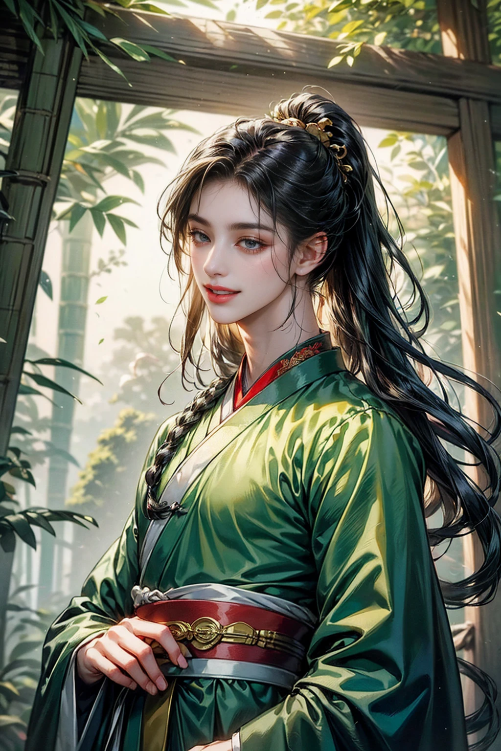 xianxia, (((best quality))),masterpiece,ultra high resolution,extraordinarily beautiful youth, a bright, villains smile,All green clothing,((boy 24 year old, green hanfu,green clothing, Chinese shirt style)) ,boy character ,((Thick black long hair)),beautiful face,detailed interior, detailed boy,((man)),(in bamboo forest), house China style, pure white lotus,beautiful and cute boy ,black eyes,((solo man)),(he has a Big eyes, charming lips, slim nose and small face),(slim figures ),ponytail and 冠, Hiogi fan,Japanese fan ,very long hair, thick hair, black hair ,eyes detailed,pony tails,