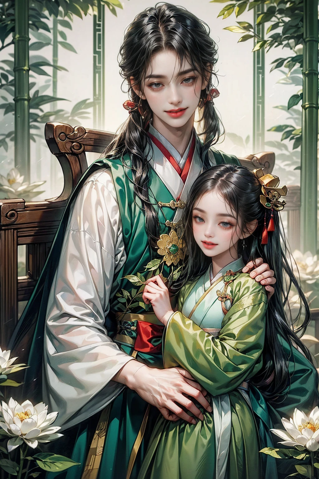 xianxia, (((best quality))),masterpiece,ultra high resolution,extraordinarily beautiful youth, a bright, villains smile,All green clothing,((boy 24 year old, green hanfu,green clothing, Chinese shirt style)) ,boy character ,((Thick black long hair)),beautiful face,detailed interior, detailed boy,((man)),(in bamboo forest), house China style, pure white lotus,beautiful and cute boy ,black eyes,((solo man)),(he has a Big eyes, charming lips, slim nose and small face),(slim figures ),ponytail and 冠, Hiogi fan,Japanese fan ,very long hair, thick hair, black hair ,eyes detailed,pony tails,