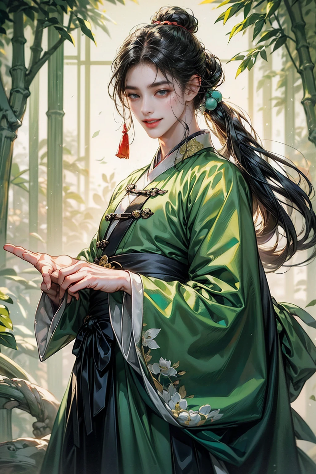 xianxia, (((best quality))),masterpiece,ultra high resolution,extraordinarily beautiful youth, a bright, villains smile,All green clothing,((boy 24 year old, green hanfu,green clothing, Chinese shirt style)) ,boy character ,((Thick black long hair)),beautiful face,detailed interior, detailed boy,((man)),(in bamboo forest), house China style, pure white lotus,beautiful and cute boy ,black eyes,((solo man)),(he has a Big eyes, charming lips, slim nose and small face),(slim figures ),ponytail and 冠, Hiogi fan,Japanese fan ,very long hair, thick hair, black hair ,eyes detailed,pony tails,