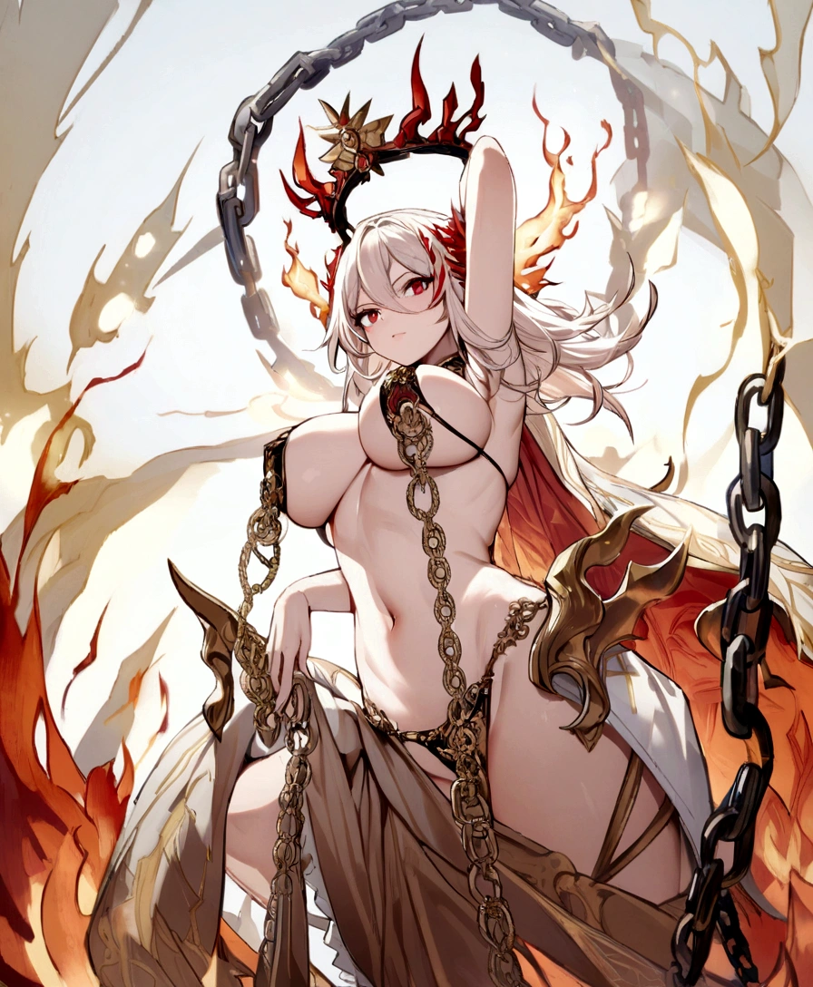 Chain bikini, chain crown, bare belly, big breasts, fire hair, red eyes, godness of fire,