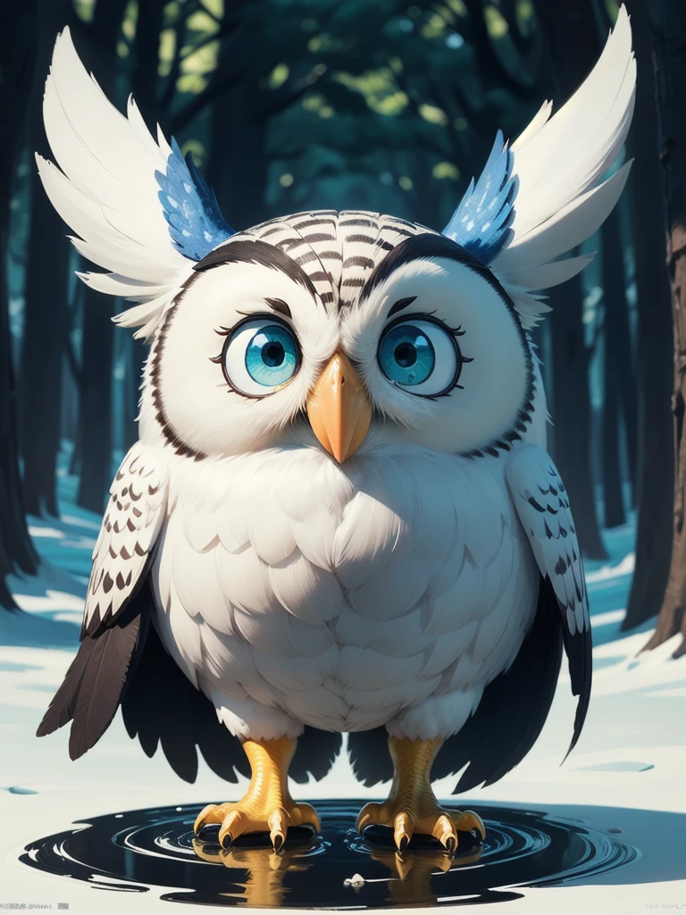 ((masterpiece)),((Highest quality)),((Super detailed)),((character)), ((funny facial expression:1.6)), To the center, Raytracing Style, detailed design, White owl full body silhouette, Blue round droopy eyes, Plump and round and cute, Bright colors, Owl standing on a forest background, slippery, 面白いcharacter, illustration animation, sleek curves, Soft lighting.