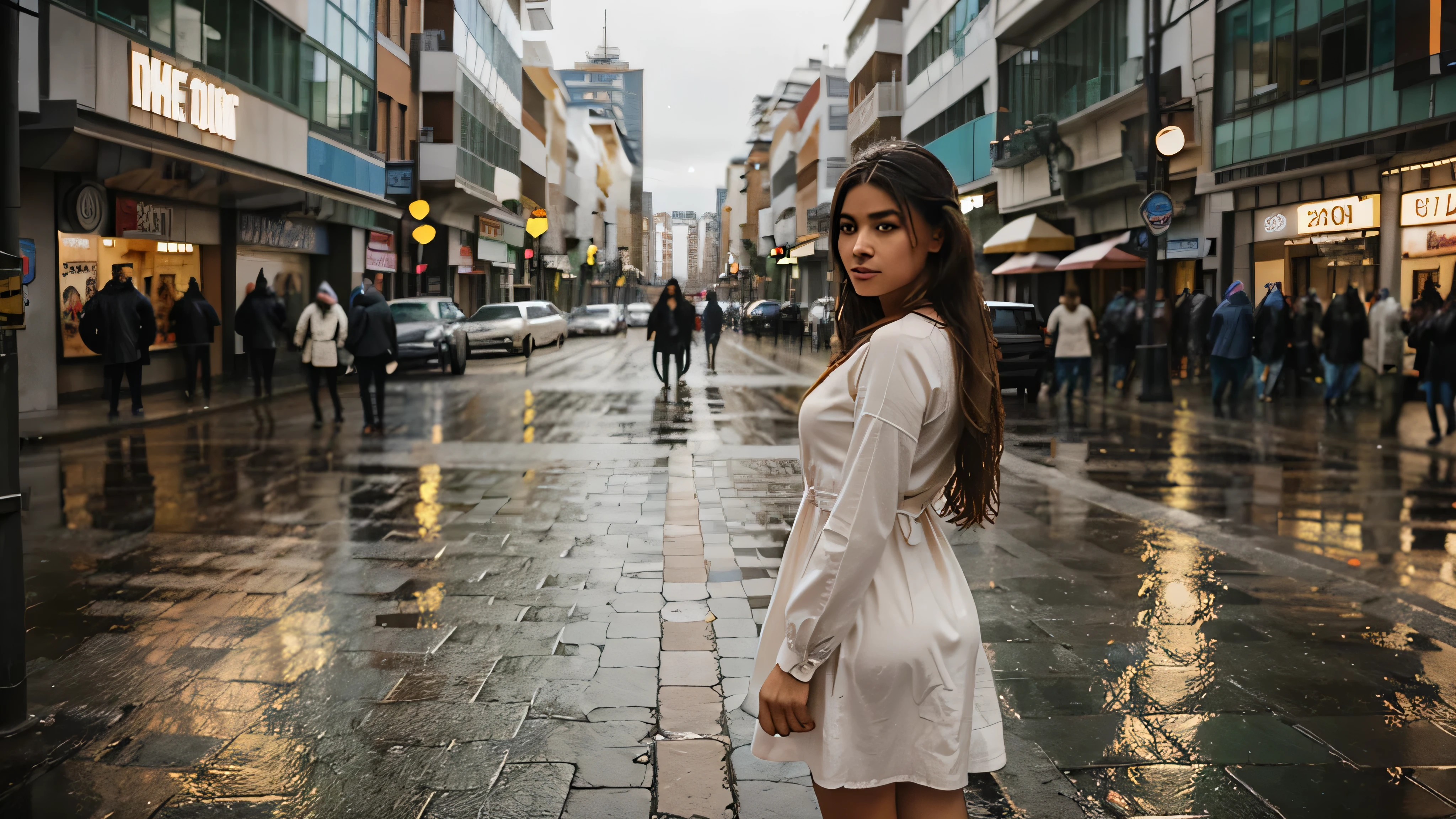 A natural shot of a Colombian girl with long hair, in a fashionable dress, standing against the backdrop of blurred outlines of city buildings and people during the rain, which gives the photo an atmosphere of urban charm and romance.
