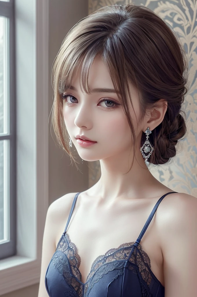 darkblue lace thong bra, (((Very elegant and beautiful, Perfect detail, Super detailed))), whole body, The most detailed girl, Depth of written boundary, 美しく詳細なwhole body, Thin legs, 1 girl, 30 years old, Very short hair, Spiked Hair, Gray and silver hair, Beautiful detailed hair, Perfect Face, Expressionless, Beautifully detailed deep eyes, Open your mouth a little, Delicate arms and hands, Pale skin, Earrings, Beautiful and gorgeous necklace, Colorful background, HD background, Blurred Background, Very delicate and beautiful, Masterpiece, (((Highest quality, Very beautiful 8K CG wallpaper))), (((Trendy hairstyles))), (Inside the room,Stylish interior,window),