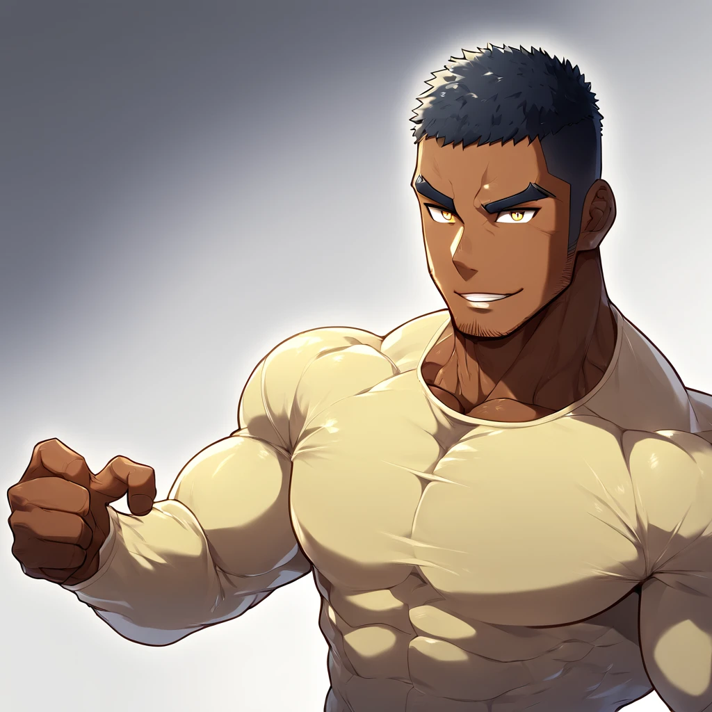 anime characters：Gyee, Muscle Sports Student, negro black skin, 1 dark skin muscular tough guy, Manliness, male focus, Light yellow high collar long sleeve tight T-shirt, Slightly transparent material, Very tight, Round, full and perky chest muscles, Slightly transparent, muscular male, muscular, only, Upper body, alone, Black short hair, Thick eyebrows, stubble, Yellow eyes, Grey background, simple background, amazing quality, best aesthetics, Ridiculous, bright pupils, crew cut, parted lips, seductive smile, torogao, naughty face, drop shadow, best quality