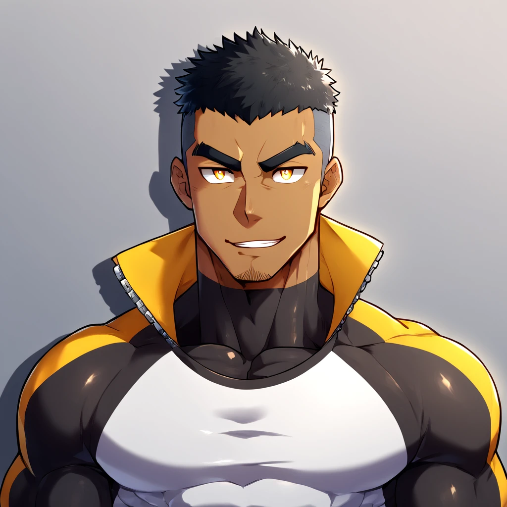 anime characters：Gyee, Muscle Sports Student, negro black skin, 1 dark skin muscular tough guy, Manliness, male focus, Light yellow high collar long sleeve tight T-shirt, Slightly transparent material, Very tight, Round, full and perky chest muscles, Slightly transparent, muscular male, muscular, only, Upper body, alone, Black short hair, Thick eyebrows, stubble, Yellow eyes, Grey background, simple background, amazing quality, best aesthetics, Ridiculous, bright pupils, crew cut, parted lips, seductive smile, torogao, naughty face, drop shadow, best quality