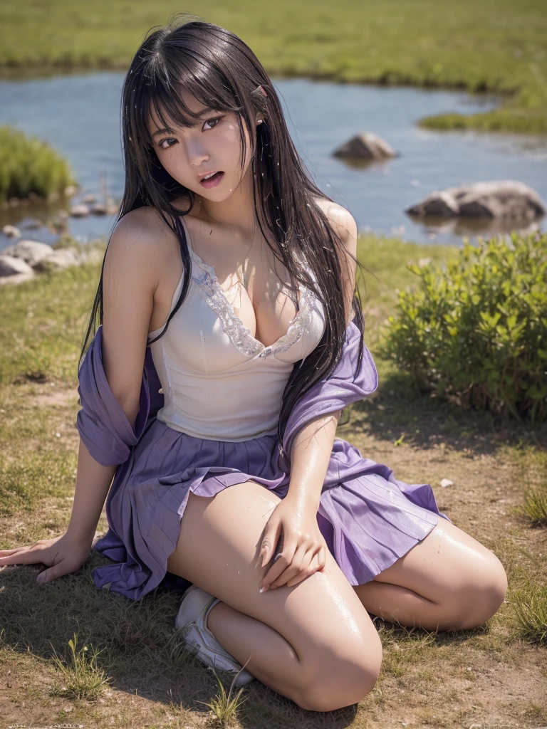 a beautiful japanese girl, very cute high school girl assassin, detailed portrait of innocent  virgin, in the withered meadow, off-shoulder silver breastplate, purple long maxi-skirt, purple arm cover, silver booties, (full body, plopping down to a sitting position, surrender:1.2), (blush, cry, open mouth:1.2), cold sweat, body soaked in sweat, translucent skin, tears streaming, beautiful small breasts and nipples, cleavage, glossy straight medium black hair, asymmetrical bangs,  ((best quality, 4k, 8k, highres, masterpiece, ultra-detailed, realistic, photorealistic, photo-realistic, intricate detail, highly realistic:1.3)), dramatic lighting, muted color palette, cinematic composition, emotional portrait