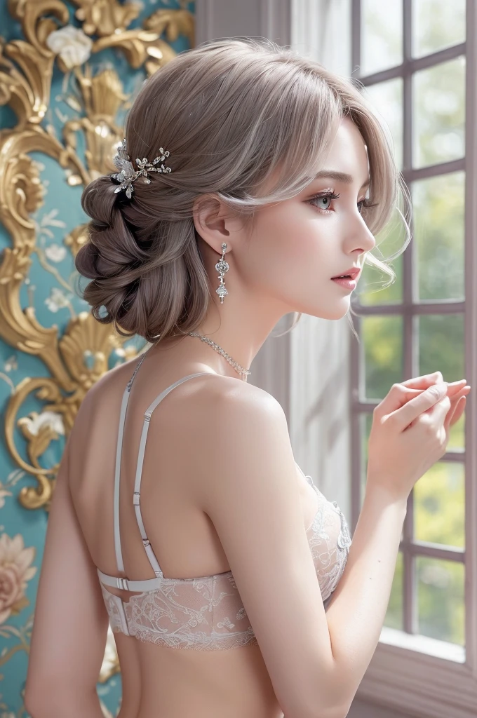 purple lace thong&Good, (((Very elegant and beautiful, Perfect detail, Super detailed))), whole body, The most detailed girl, Depth of written boundary, 美しく詳細なwhole body, Thin legs, 1 girl, 30 years old, Very short hair, Spiked Hair, Gray and silver hair, Beautiful detailed hair, Perfect Face, Expressionless, Beautifully detailed deep eyes, Open your mouth a little, Delicate arms and hands, Pale skin, Earrings, Beautiful and gorgeous necklace, Colorful background, HD background, Blurred Background, Very delicate and beautiful, Masterpiece, (((Highest quality, Very beautiful 8K CG wallpaper))), (((Trendy hairstyles))), (Inside the room,Stylish interior,window),