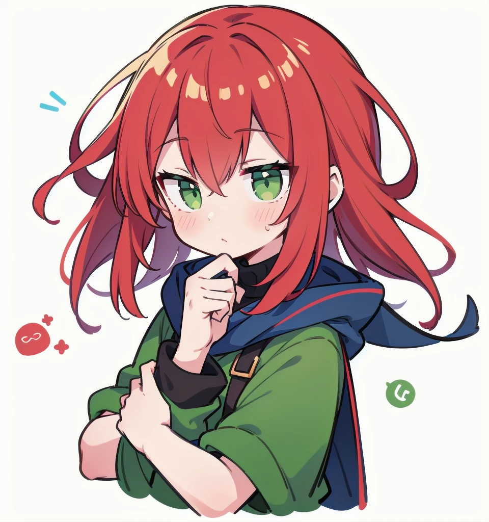 超A high resolution,(best quality,highres,masterpiece:1.2),1girl, red hair, blue cloak, green clothe, green eyes, warm color tones, simple background, emoji, surprised, exclamation