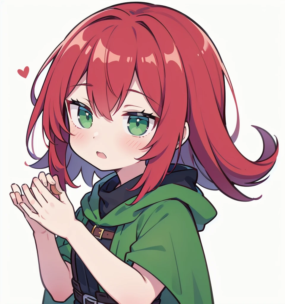 超A high resolution,(best quality,highres,masterpiece:1.2),1girl, red hair, blue cloak, green clothe, green eyes, warm color tones, simple background, emoji, surprised, exclamation
