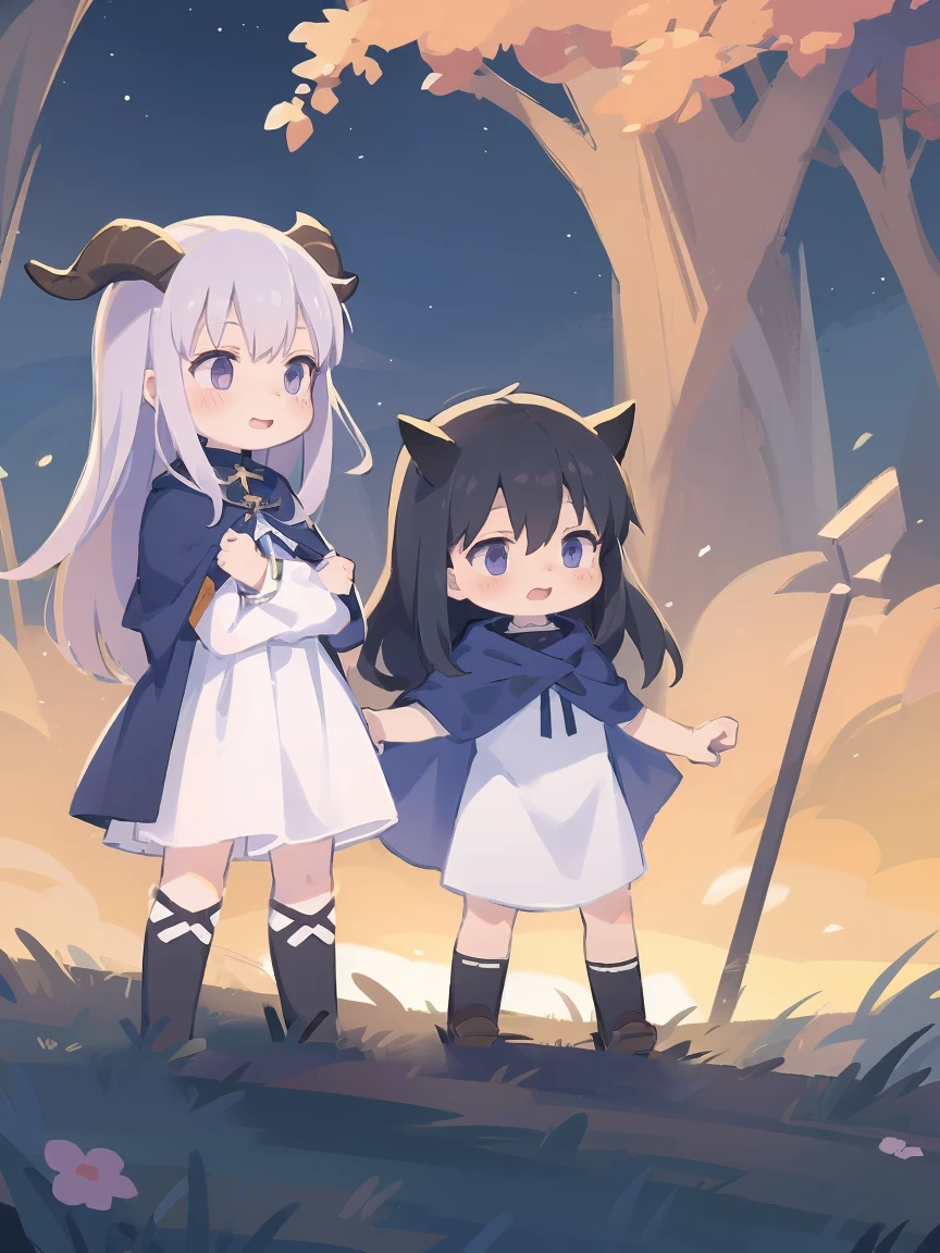 a cartoon image of a girl in a blue cape and white dress, an anime drawing by Jin Homura, pixiv, anime style like fate/stay night, black haire, goat horns, standing