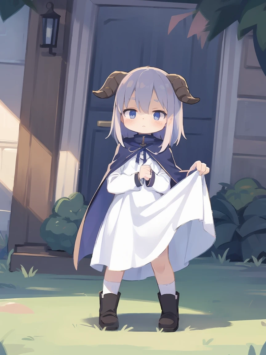 a cartoon image of a girl in a blue cape and white dress, an anime drawing by Jin Homura, pixiv, anime style like fate/stay night, black haire, goat horns, standing
